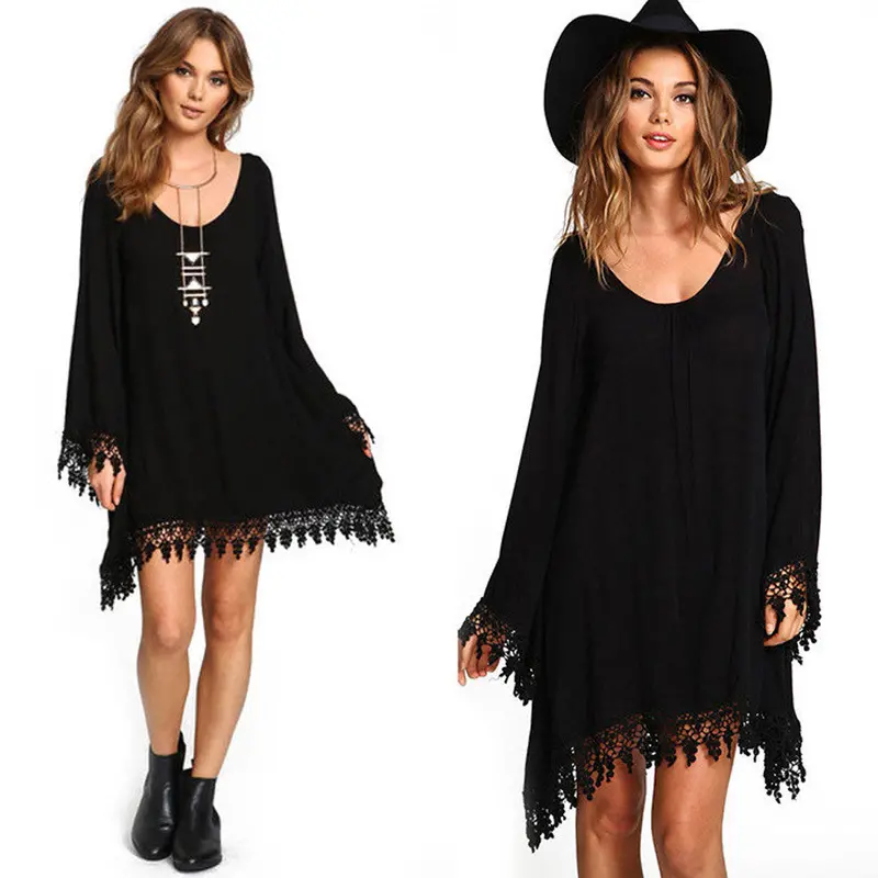 Vestido Feminine Latest Design Asymmetric Clothing Casual Women Black Long Sleeve Dresses Tassels Loose Vestido Robe 1