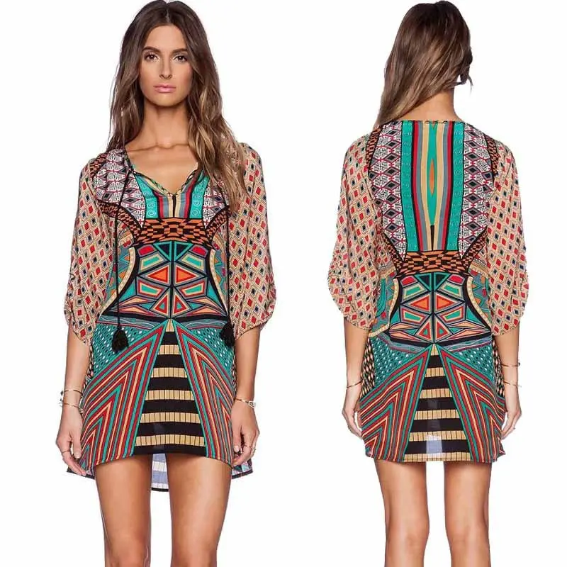 Vestido Retro Women 3/4 Sleeves Geometric Pattern Vintage Casual Print Floral Loose Dress 1