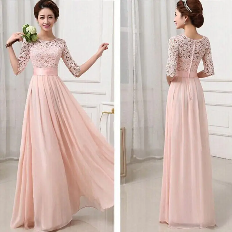 Vestido Women Lace Chiffon Half Sleeve Wedding Party Long Dress Pink Vestido De Festa Vestido Longo Plus Size 1