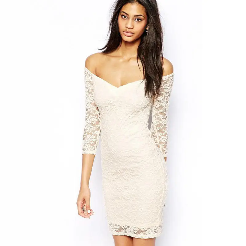 Vestido Womens V-Neck Three Quarter Floral Lace Sexy Dress White And Blue 1