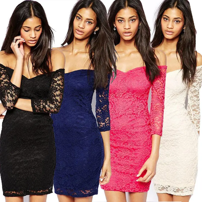 Vestido Womens V-Neck Three Quarter Floral Lace Sexy Dress White And Blue 10