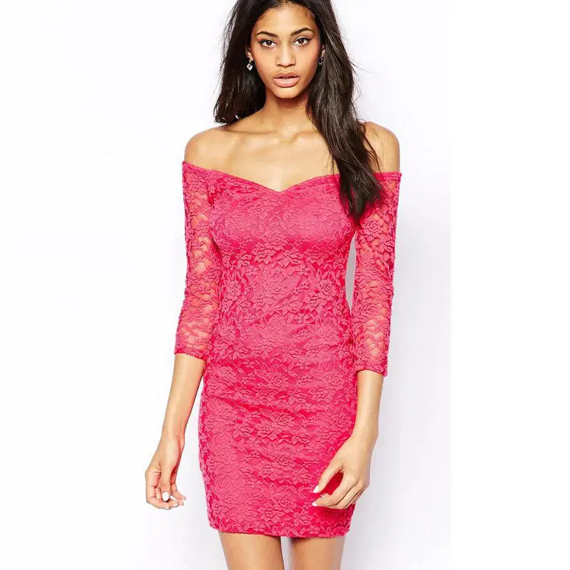 Vestido Womens V-Neck Three Quarter Floral Lace Sexy Dress White And Blue 7