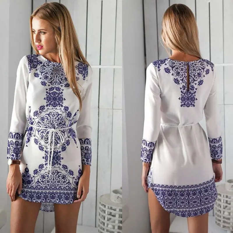 Vestidos Women Casual Floral Print Long Sleeve O-Neck Women Dress Beach Outfits Mini Dress J3141 1