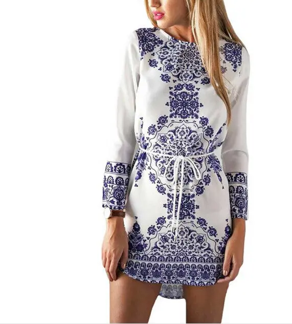 Vestidos Women Casual Floral Print Long Sleeve O-Neck Women Dress Beach Outfits Mini Dress J3141 2