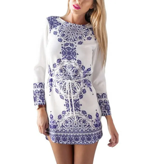 Vestidos Women Casual Floral Print Long Sleeve O-Neck Women Dress Beach Outfits Mini Dress J3141 3