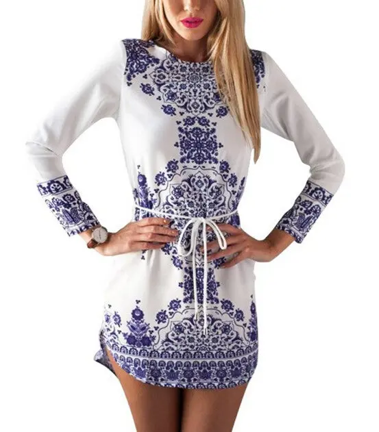 Vestidos Women Casual Floral Print Long Sleeve O-Neck Women Dress Beach Outfits Mini Dress J3141 4