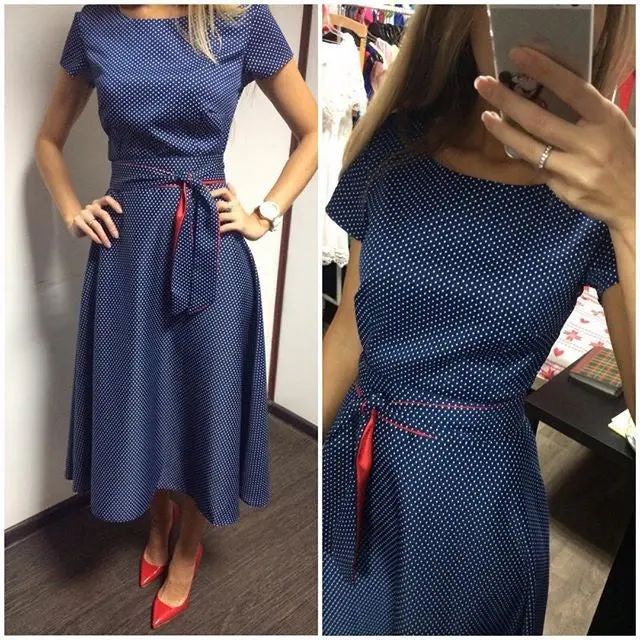 Vestidos Women Dress Women Vintage Retro Polka Dot Dress Short Sleeve Casual Elegant Dark Blue Dress With Belt Gv173 3