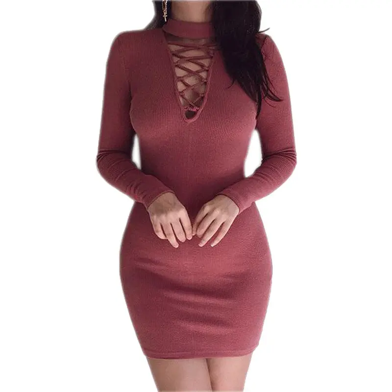 Vestidos Women Dresses Zipper O-Neck Sexy Knitted Dress Long Sleeve Bodycon Sheath Pack Hip Dress Vestidos 11
