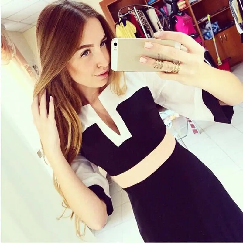 Vestidos Women Elegant Slim Party Dress Clothes Robe Black And White Dress 1