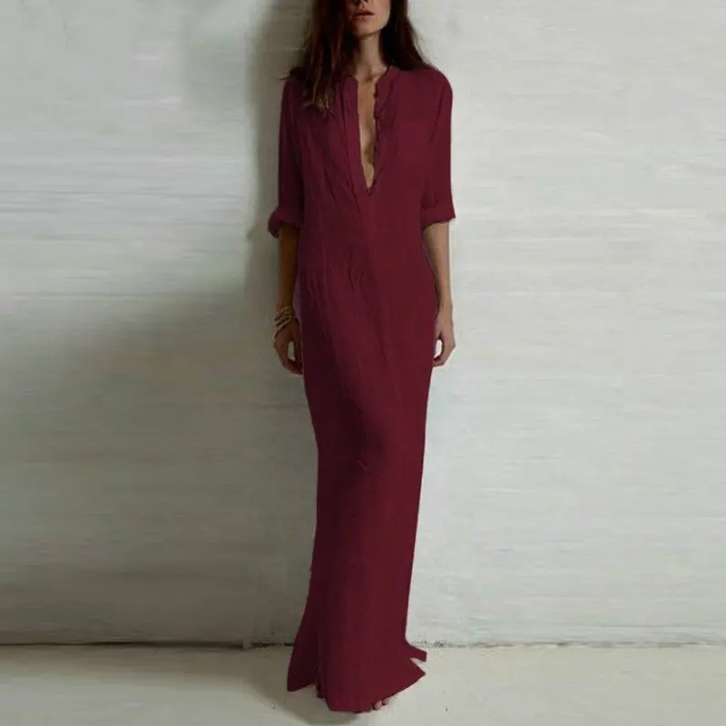 Vestidos Women Sexy Casual Dress Deep V Neck Split Solid Long Maxi Dress Plus Size Xsxxl 5