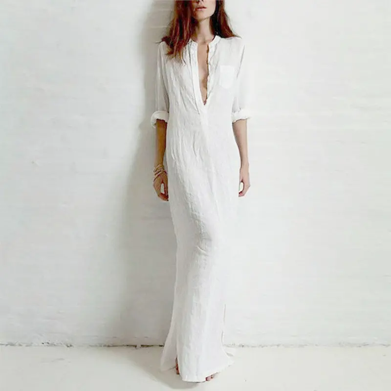 Vestidos Women Sexy Casual Dress Deep V Neck Split Solid Long Maxi Dress Plus Size Xsxxl 6