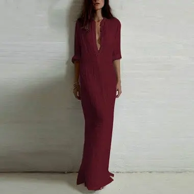 Vestidos Women Sexy Casual Dress Deep V Neck Split Solid Long Maxi Dress Plus Size Xsxxl 7