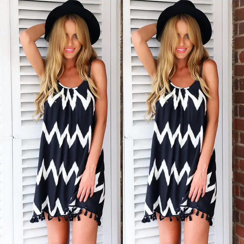 Vestidos Women Stripe Tassels Camisole Sleeveless Robe De Cocktail Party Mini Dress 1