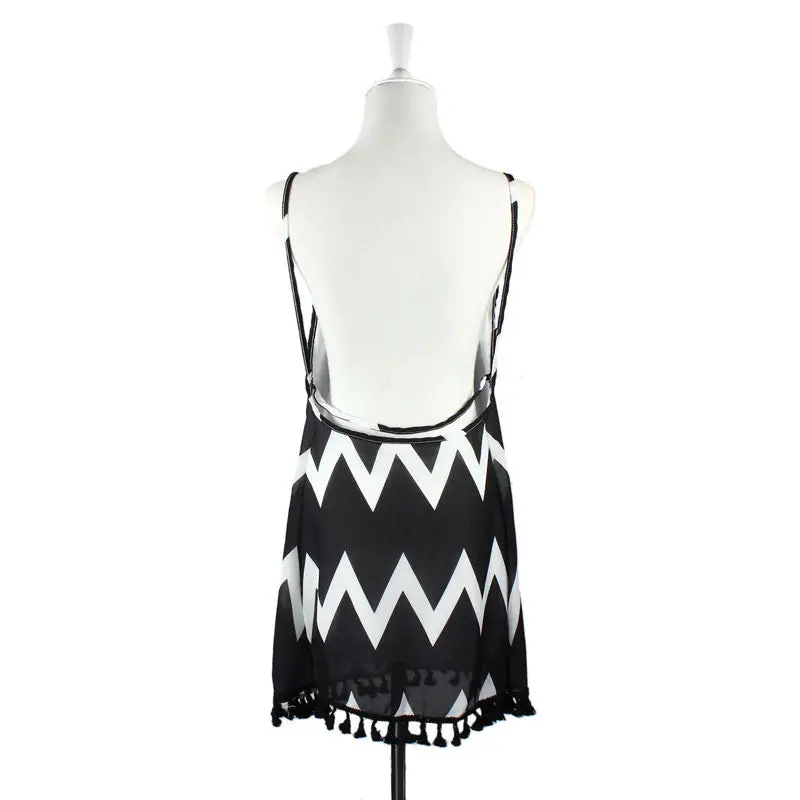 Vestidos Women Stripe Tassels Camisole Sleeveless Robe De Cocktail Party Mini Dress 3