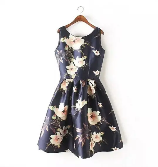Vintage 60'S Hepburn Floral Print O-Neck Sleeveless Ball Gown Dress Women Stain Sleeveless Flared Swing Dresses 1
