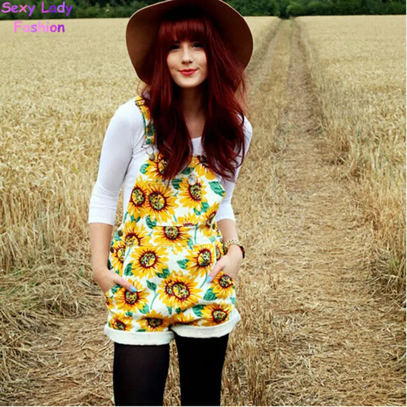 Vintage American Apparel Aa Sunflower Print Rompers Macacao Combinaison Femme Playsuit Shorts Feminino Jumpsuit Overalls 2