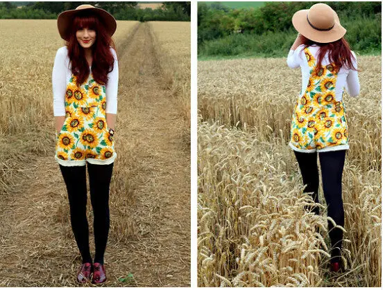 Vintage American Apparel Aa Sunflower Print Rompers Macacao Combinaison Femme Playsuit Shorts Feminino Jumpsuit Overalls 4