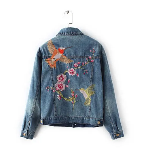 Vintage Back Letter Flamingo Bird Embroidery Denim Jacket Women Blue Pockets Buttons Loose Coat Femme Jean Outerwear 1