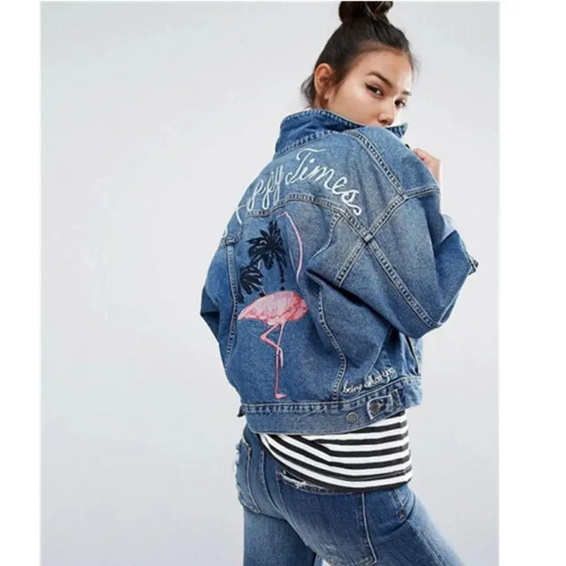 Vintage Back Letter Flamingo Bird Embroidery Denim Jacket Women Blue Pockets Buttons Loose Coat Femme Jean Outerwear 2