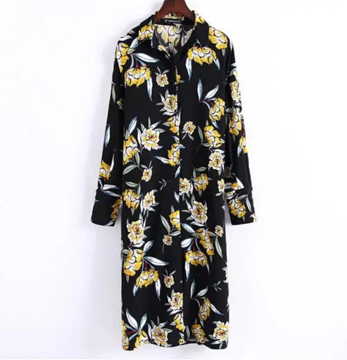 Vintage Black Color Colored Flower Print Dress Woman With Sashes Buttons Side Slit Long Sleeve Long Dresses Femme 1