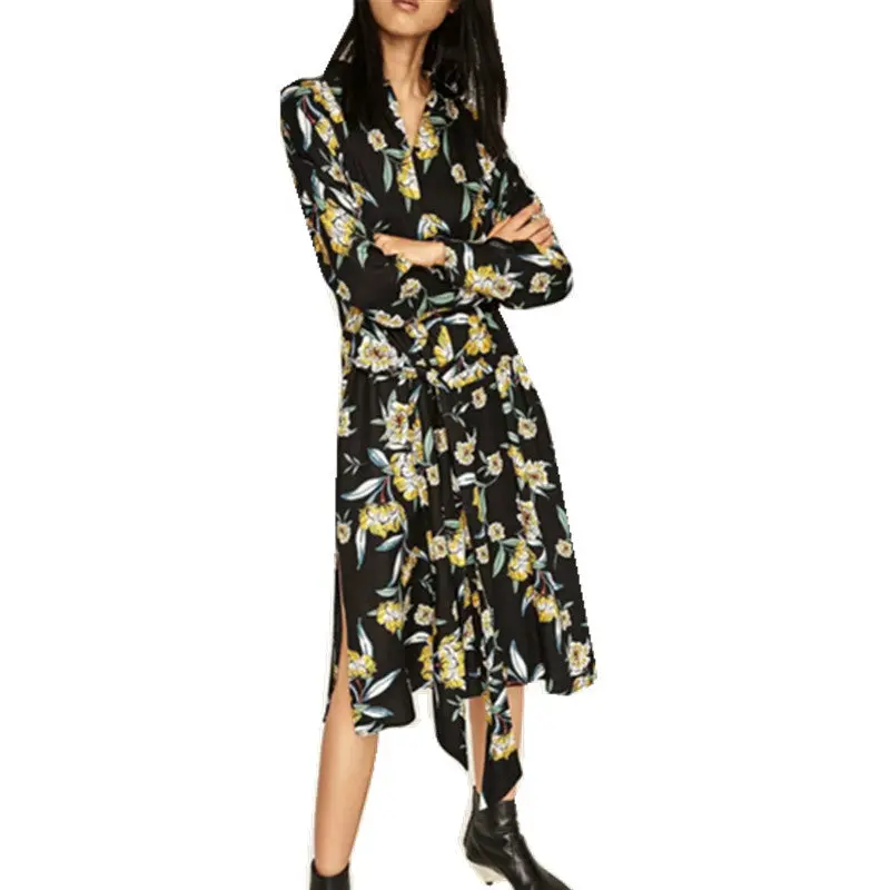 Vintage Black Color Colored Flower Print Dress Woman With Sashes Buttons Side Slit Long Sleeve Long Dresses Femme 2