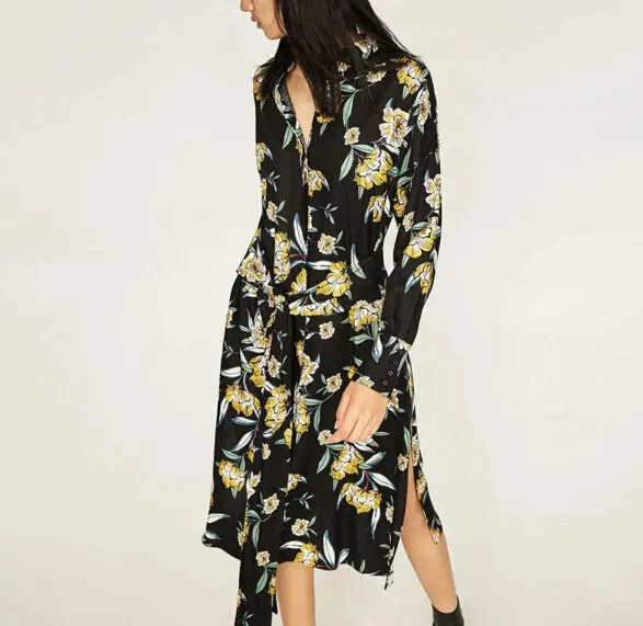 Vintage Black Color Colored Flower Print Dress Woman With Sashes Buttons Side Slit Long Sleeve Long Dresses Femme 3