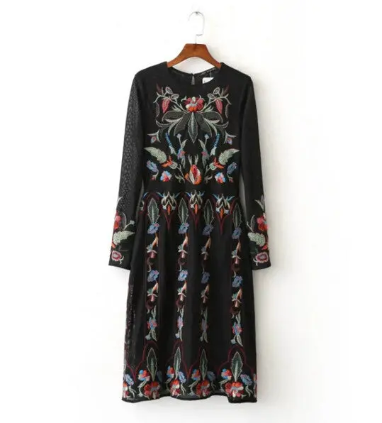 Vintage Black Color Mesh Colored Floral Embroidery Dress Woman Double Layer Long Sleeve Long Dresses Femme 1