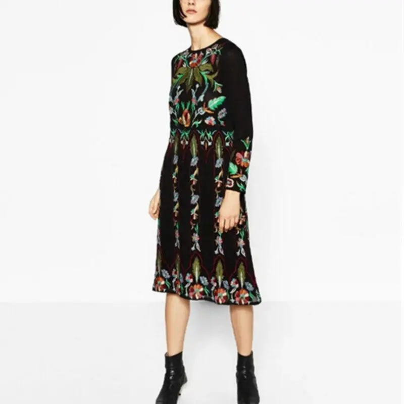 Vintage Black Color Mesh Colored Floral Embroidery Dress Woman Double Layer Long Sleeve Long Dresses Femme 2