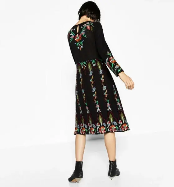 Vintage Black Color Mesh Colored Floral Embroidery Dress Woman Double Layer Long Sleeve Long Dresses Femme 3