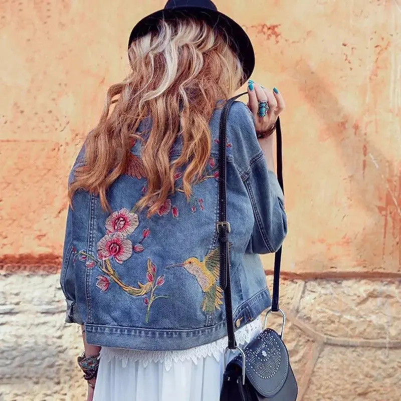 Vintage Blue Pockets Flower Embroidery Denim Jacket Women Buttons Back Bird Embroidery Loose Coat Femme Jean Outerwear 2