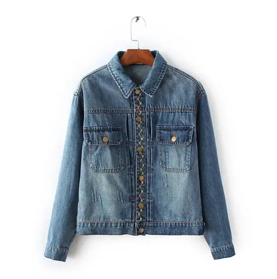 Vintage Blue Pockets Flower Embroidery Denim Jacket Women Buttons Back Bird Embroidery Loose Coat Femme Jean Outerwear 3