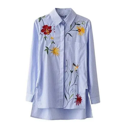 Vintage Blue White Striped Print Flower Embroidery Shirt Lapel Long Sleeve Mid Long Blouse Tops Blusas Chemise Femme Blusa 1