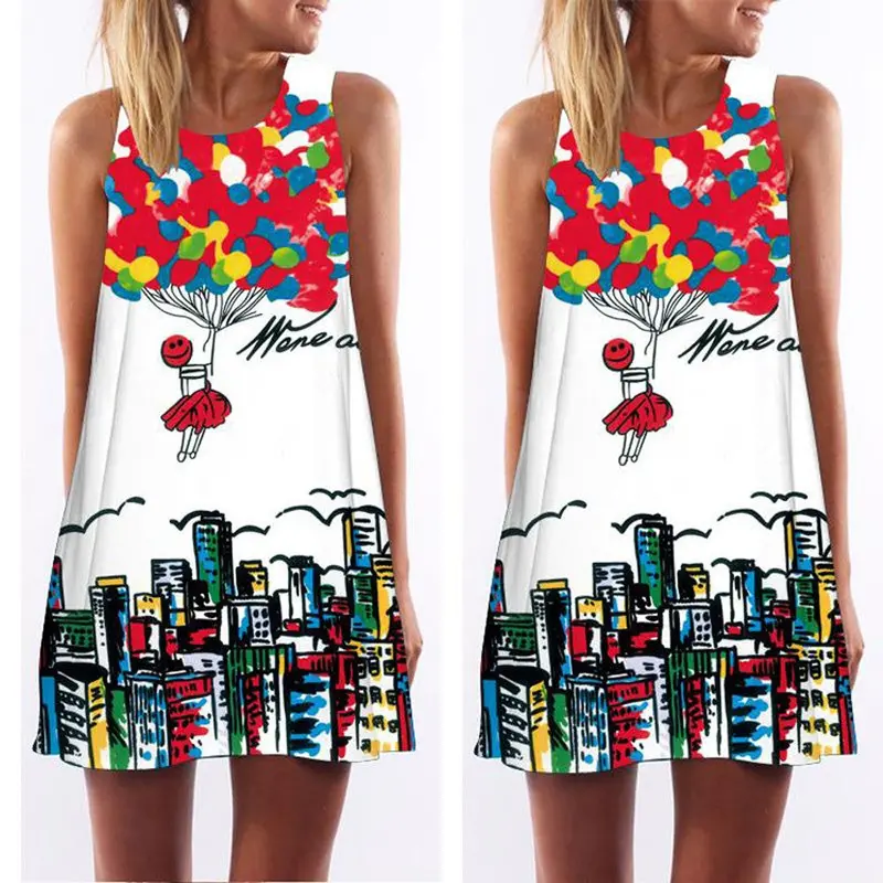 Vintage Boho Women Dress Sleeveless Beach Sundress Printed Short Mini Dress Ladies 3