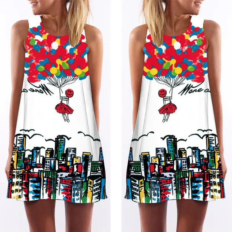 Vintage Boho Women Dress Sleeveless Beach Sundress Printed Short Mini Dress Ladies 4