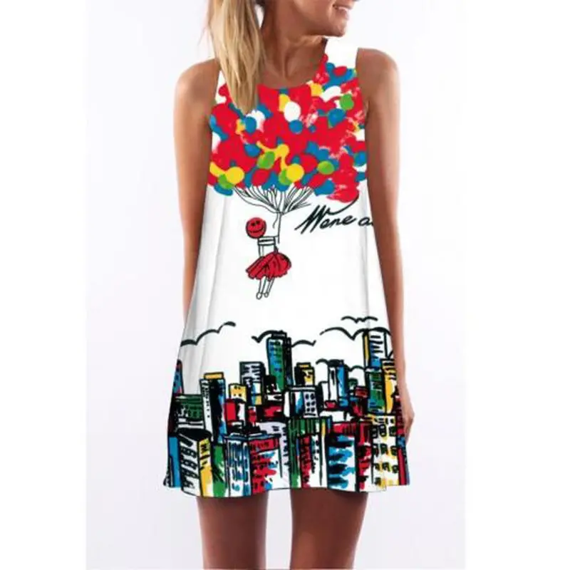 Vintage Boho Women Sleeveless Beach Printed Short Mini Dress Dress Vestidos Feida 1