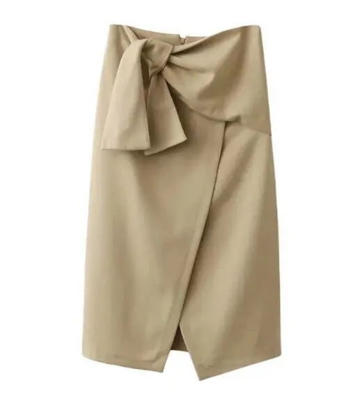 Vintage Bow Asymmetrical Hem Slit Skirt Woman High Waist Mid Long Irregular Skirt Femme 2 Color 4