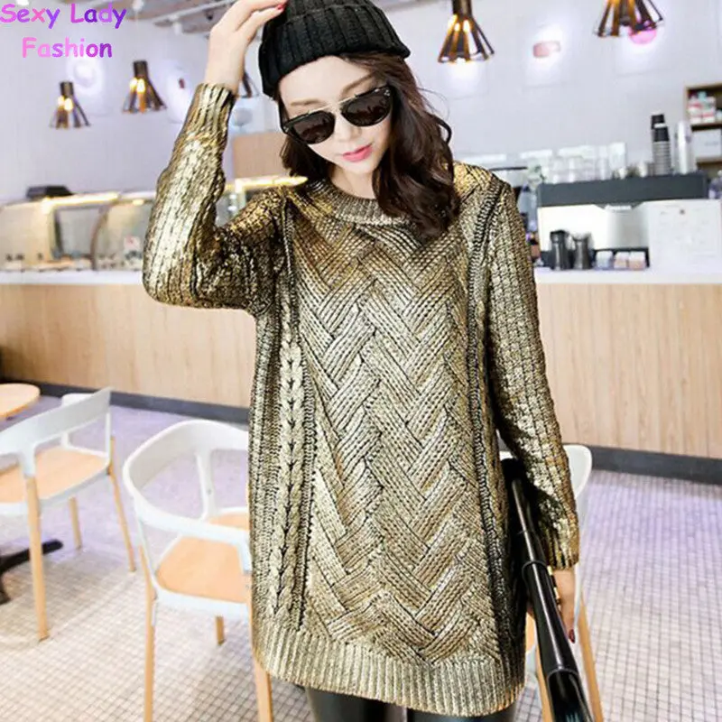 Vintage Bronzing Golden Color Mid Long Sweater Retro Cable Twist Knit Ribbed Panel Jumper Vintage Women's Knitwear Tops Gold 2