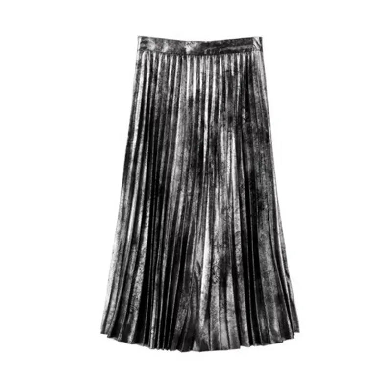 Vintage Bronzing Golden Sliver Midi Pleated Skirt Woman High Waist A Line Skater Long Swing Skirts 1