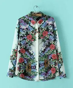 Vintage Chiffon Bloom Floral Flower Leaf Print Lapel Long Sleeve Shirt Women's Printed Shirt Blouse Tops 1