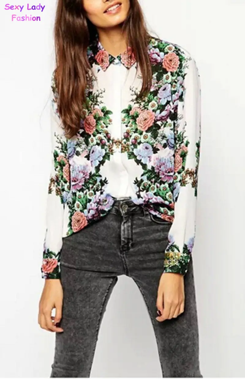 Vintage Chiffon Bloom Floral Flower Leaf Print Lapel Long Sleeve Shirt Women's Printed Shirt Blouse Tops 2