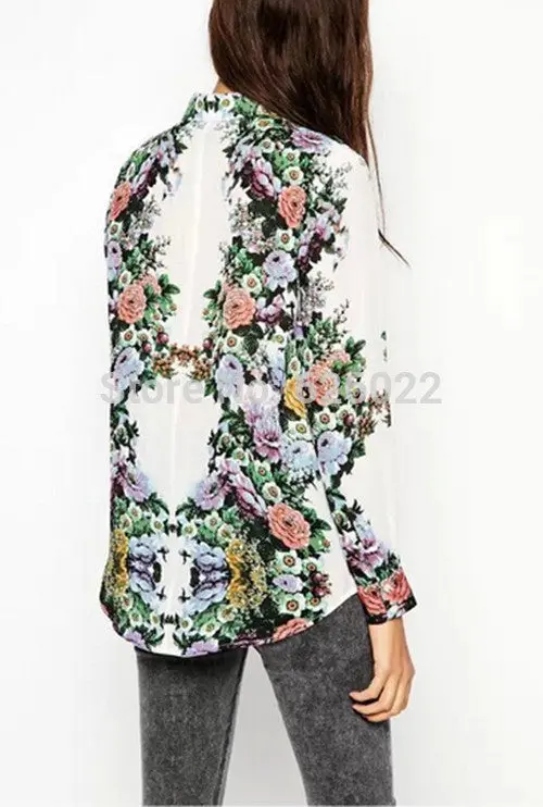 Vintage Chiffon Bloom Floral Flower Leaf Print Lapel Long Sleeve Shirt Women's Printed Shirt Blouse Tops 3