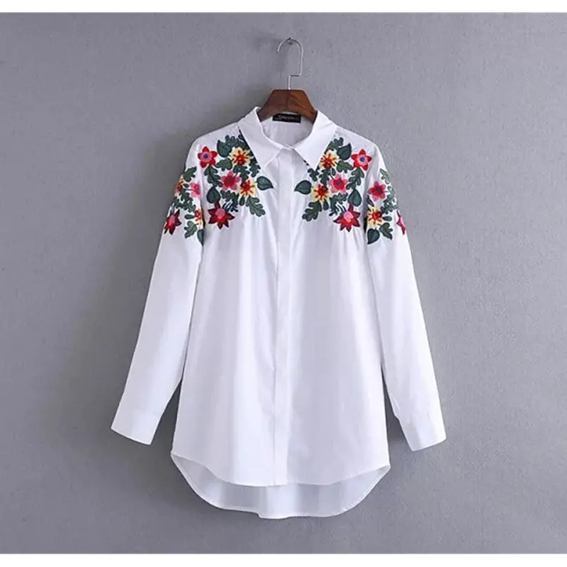 Vintage Colored Flower Embroidery Shirt Woman Lapel Long Sleeve White Blouse Tops Cotton Blusas Chemise Femme Blusa 2