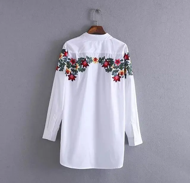 Vintage Colored Flower Embroidery Shirt Woman Lapel Long Sleeve White Blouse Tops Cotton Blusas Chemise Femme Blusa 3