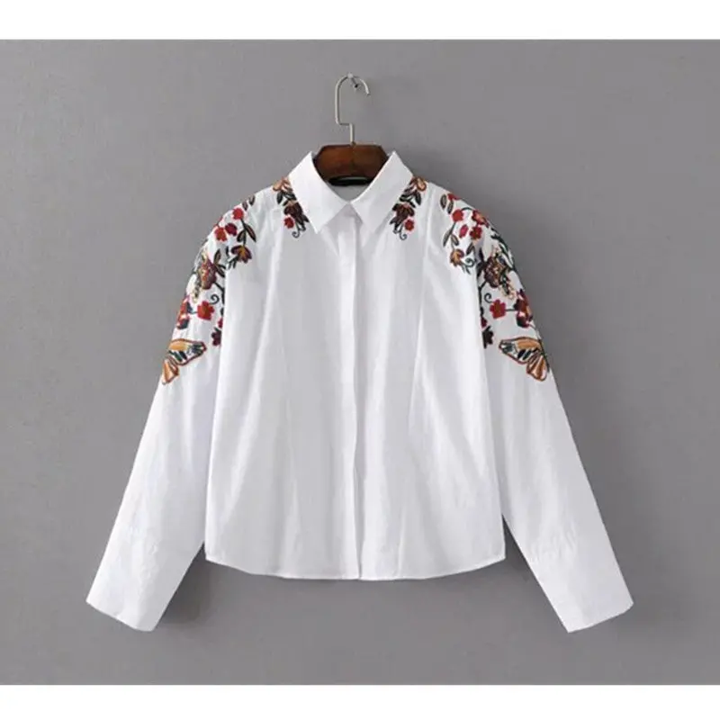 Vintage Colored Flower Embroidery Shirt Woman Lapel Long Sleeve White Blouse Tops Poplin Blusas Chemise Femme Blusa 1