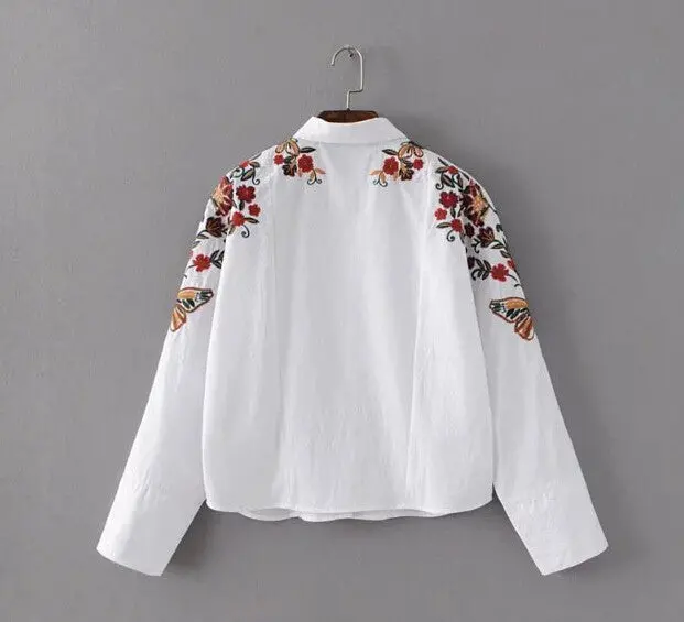 Vintage Colored Flower Embroidery Shirt Woman Lapel Long Sleeve White Blouse Tops Poplin Blusas Chemise Femme Blusa 3