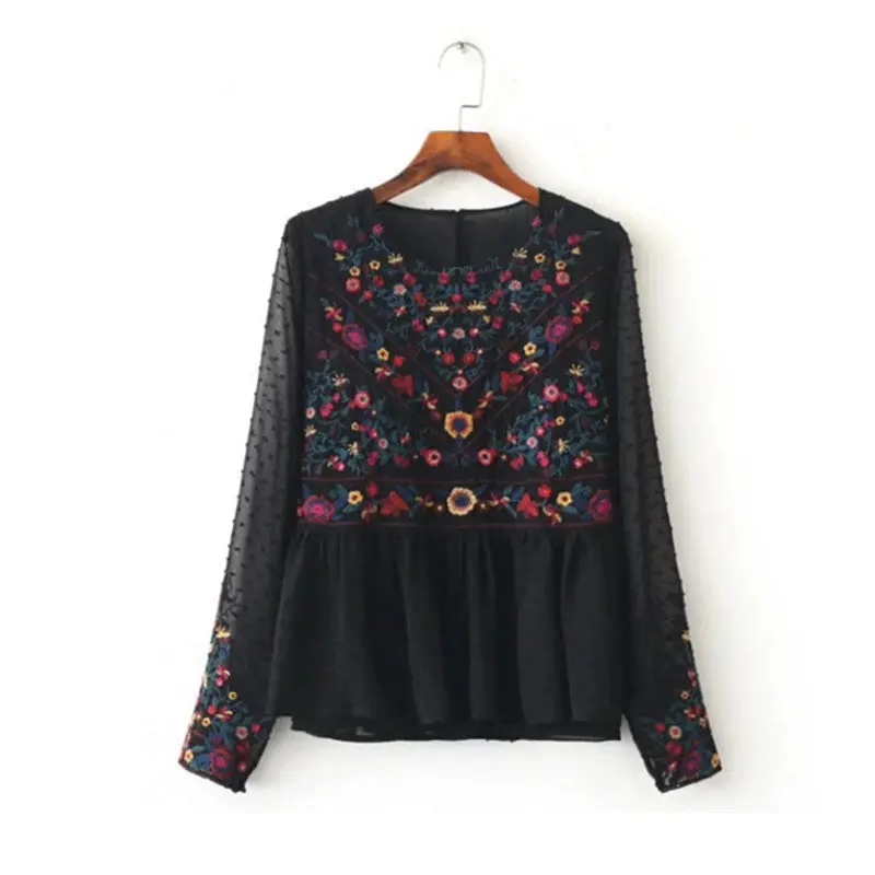 Vintage Colorful Floral Embroidery Back Button Chiffon T-Shirt Woman Ruffles Hem Pullover Long Sleeve Top Femme Black 1