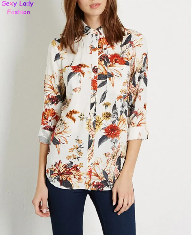 Vintage Contrast Big Flower Print Roll-Up Sleeve Shirt Women's Lapel Roll-Up Long Sleeve Slim Fit Shirt Blouse Tops 2