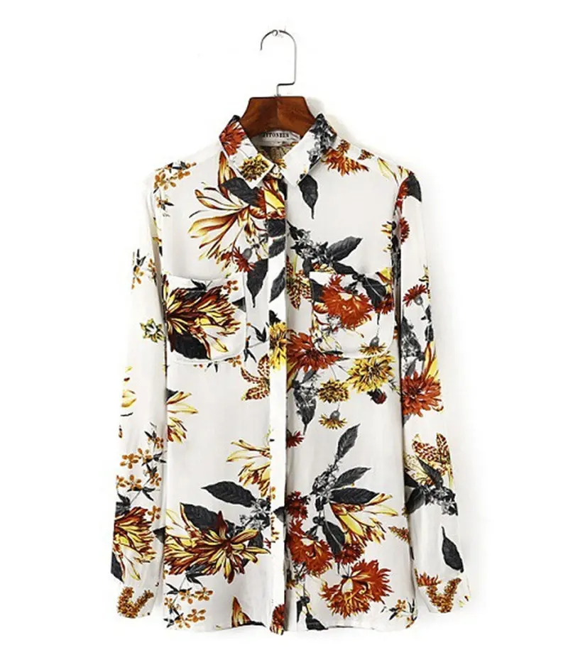 Vintage Contrast Big Flower Print Roll-Up Sleeve Shirt Women's Lapel Roll-Up Long Sleeve Slim Fit Shirt Blouse Tops 3