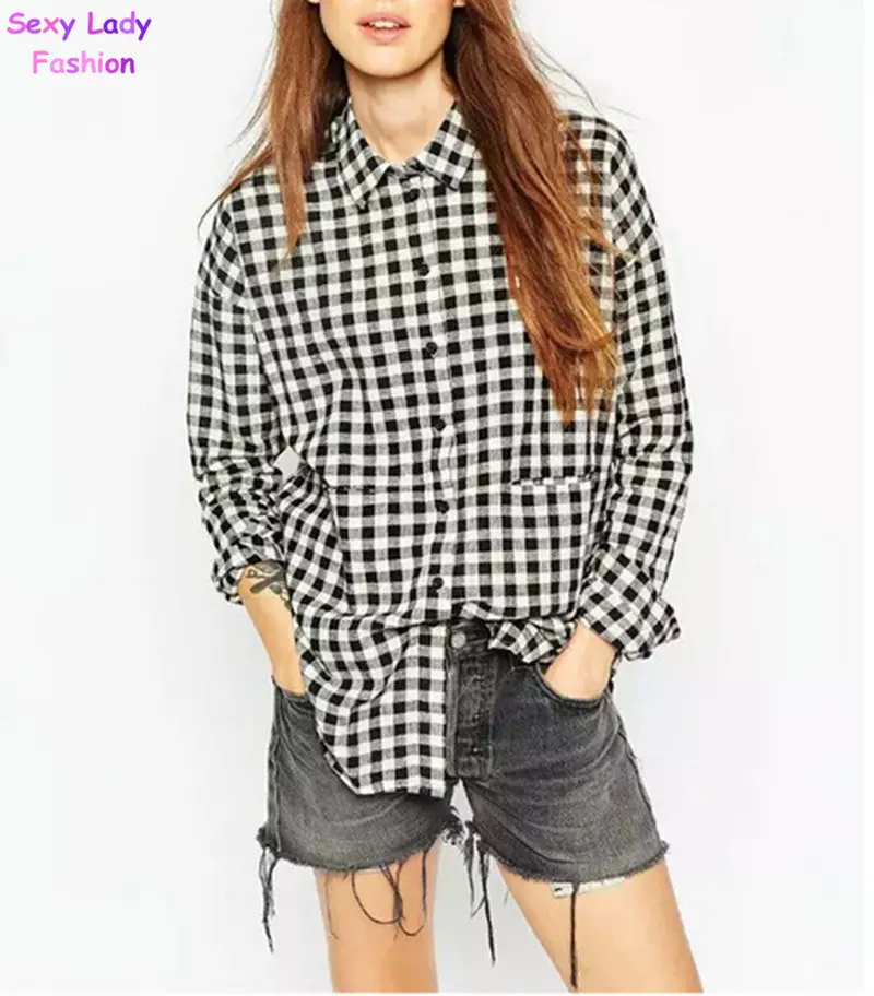 Vintage Contrast Black White Plaid Print Mid Long Shirt Women's Lapel Long Sleeve Casual Shirt Blouse Tops 1