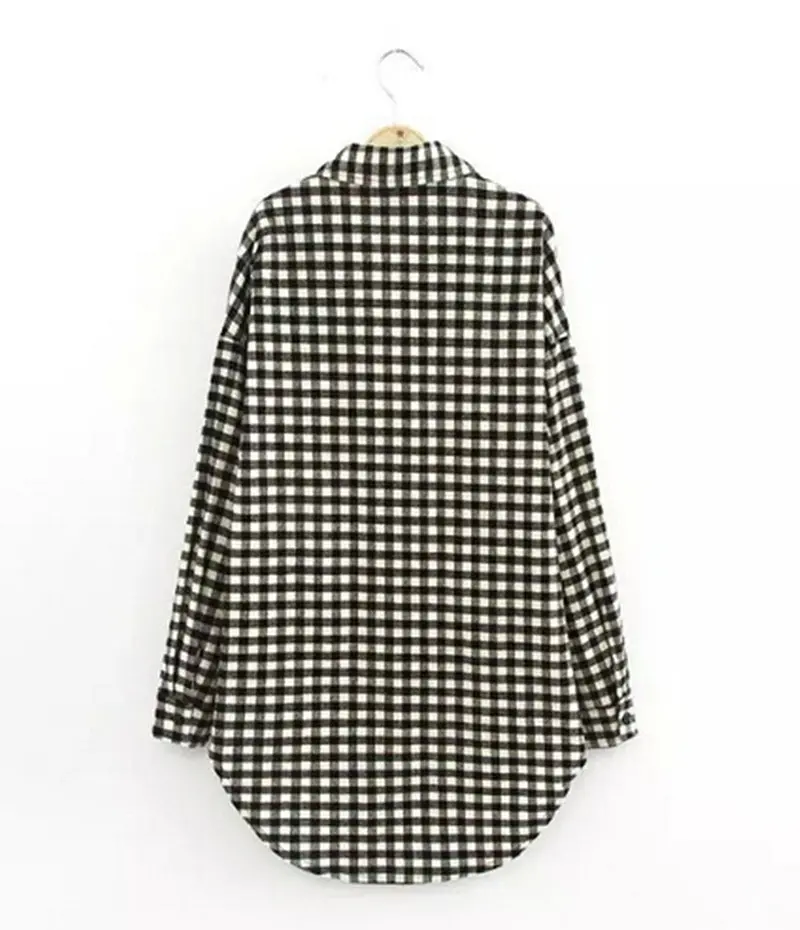 Vintage Contrast Black White Plaid Print Mid Long Shirt Women's Lapel Long Sleeve Casual Shirt Blouse Tops 2